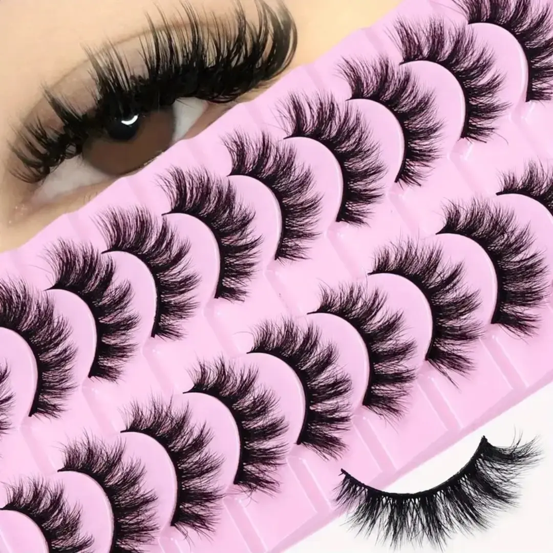 10 Pairs Fluffy Lightweight Cat Eye False Eyelashes, Natural Fine Mink Fiber, Soft Curling Effect, Dense Volumizing Makeup