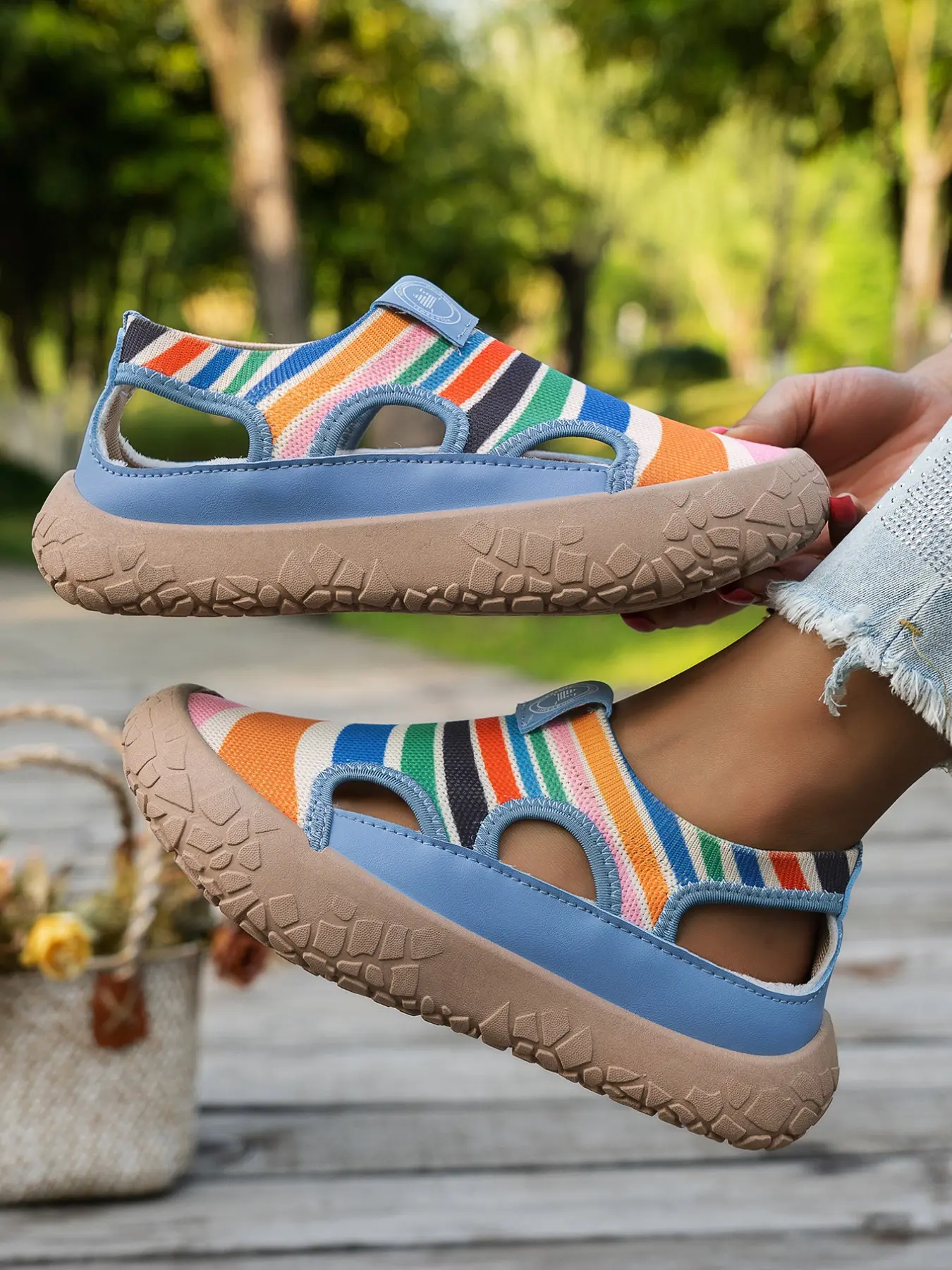 Women's Striped Hollow Out Sandals, Breathable Slip-On Shoes, Anti-Slip Thick Sole, Casual Summer Beach Walkers, Comfortable Footwear