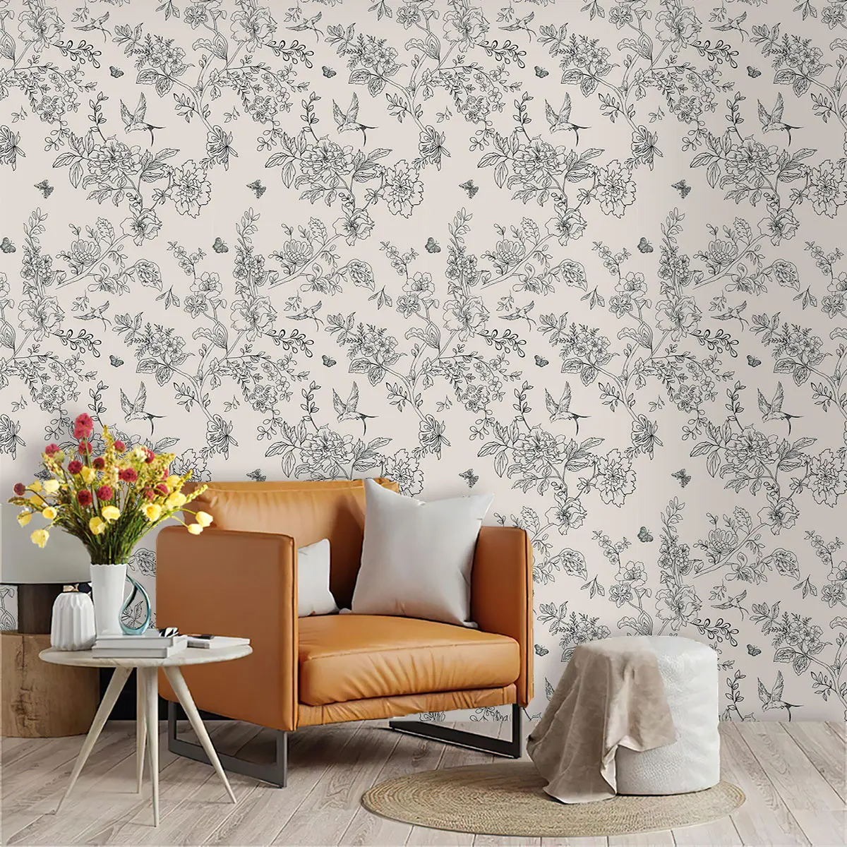 1PC hand-painted floral and butterfly pattern wallpaper for home use, suitable for living rooms, bedrooms, foyers, cafes, and B&Bs, ideal for wall decoration