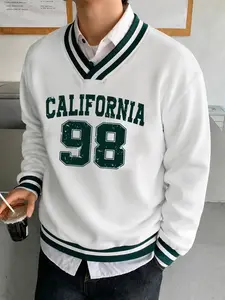 Y2K Vintage California 98 Graphic Sweatshirt | Oversized V-Neck Varsity Pullover Sweater with Striped Trim for Aesthetic Casual Streetwear