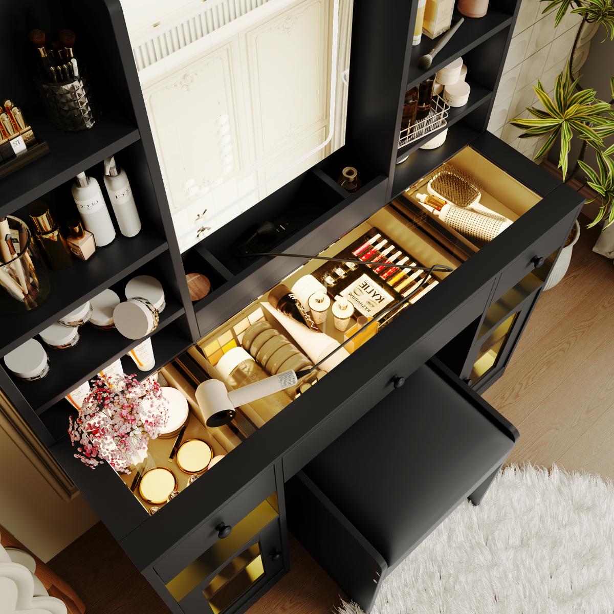 43.2" Vanity Desk with LED Mirror & Lights, Glass Top Vanity with RGB Light Cabinets, Dressing Table with 3 Drawers, Shelves & Stool – White/Black