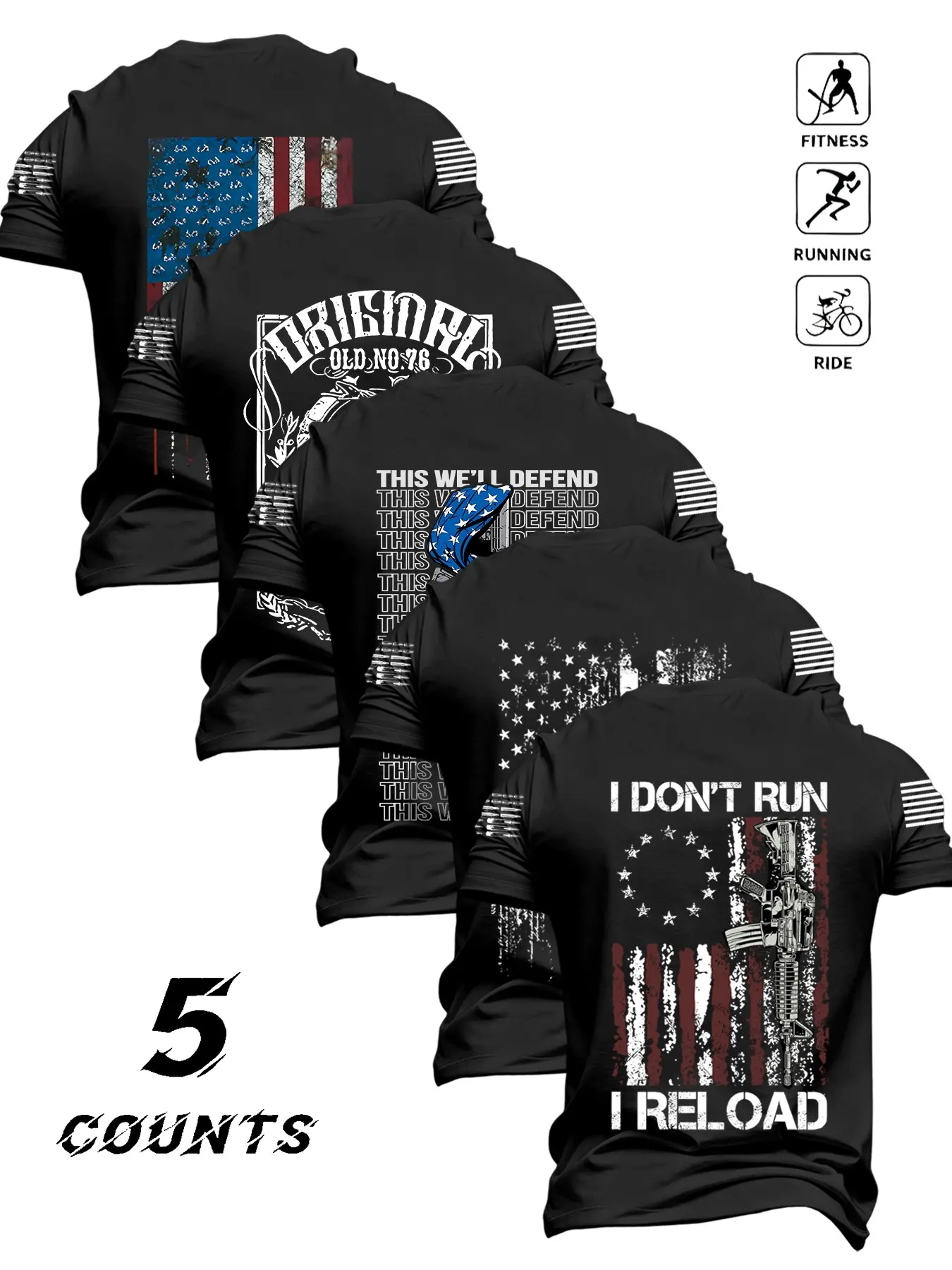 5 Piece Set American Vintage Flag Gun Print T-Shirts, Fitted Muscle-Defining, High Stretch Quick-Dry Breathable, Men's Tactical Training Tops