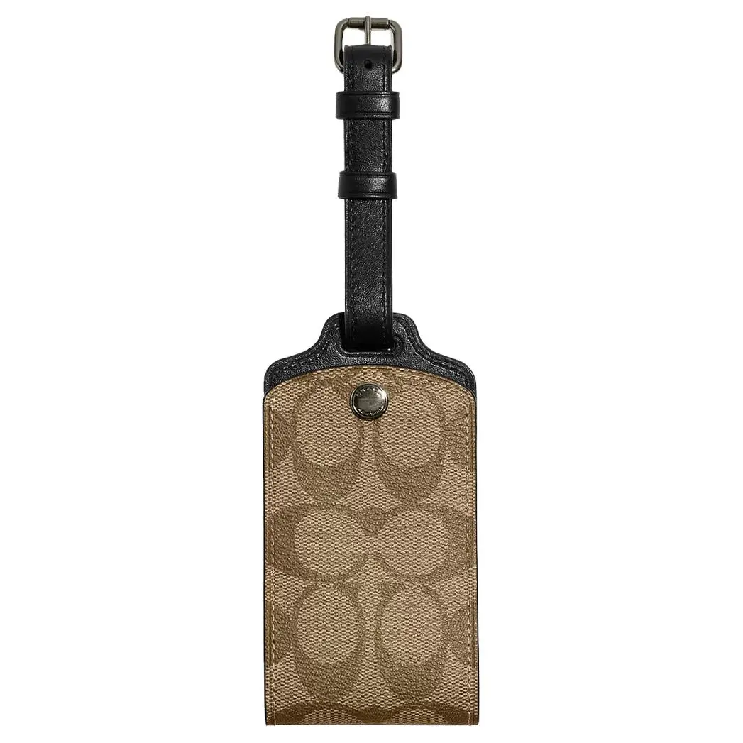 Coach Classic Monogram Coated Canvas and Premium Calfskin Luggage Tag for Travelers in Brown Verifiable, with credentials and supporting global authentication