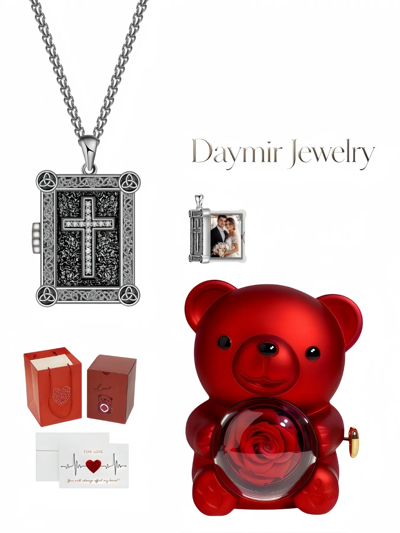 Hand‑made DIY cross locket pendant that can hold your favourite photo. Comes with lovely rotating rose‑bear jewelry box, a mysterious gift for dates, anniversaries, birthdays and Christmas. Cross necklaces
