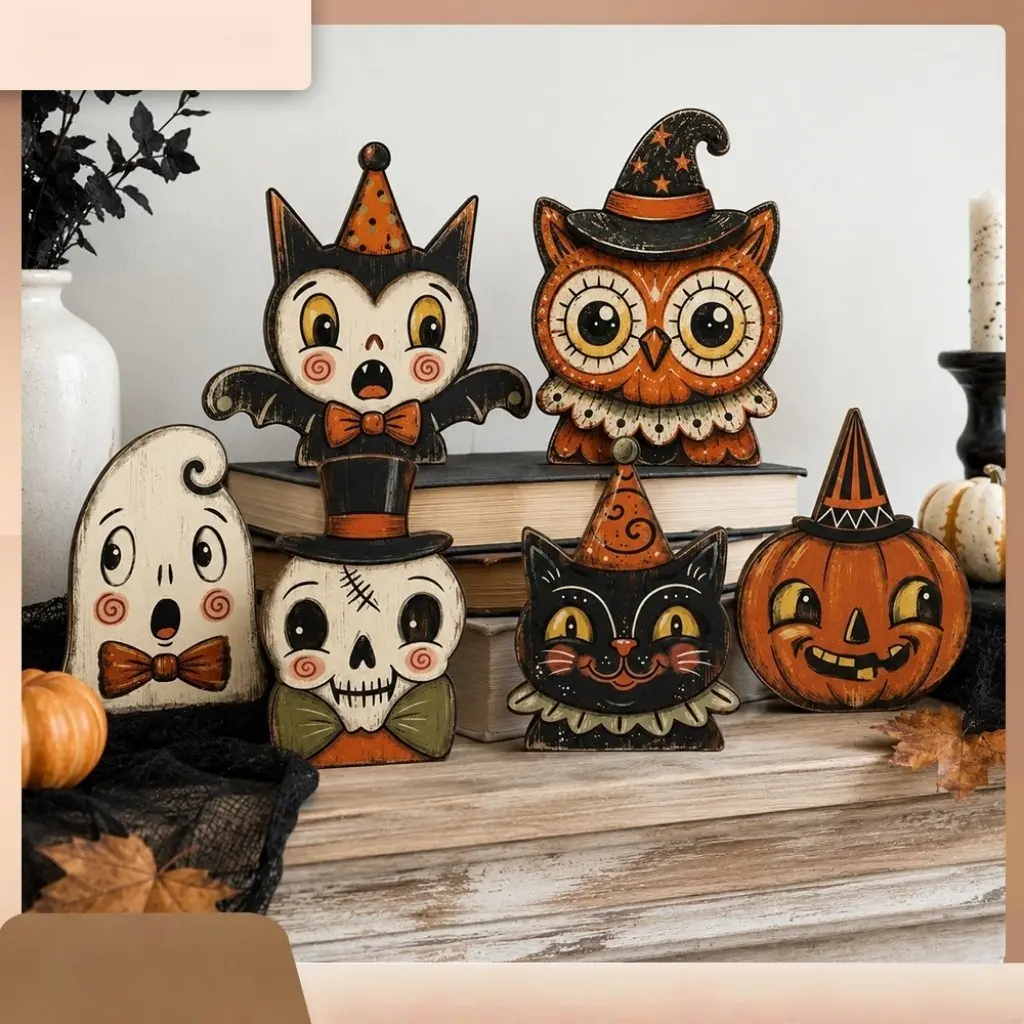Vintage Halloween Wooden Desktop Tray Decor, Ghost Cat Pumpkin Owl, Home Window Display Ornament, Festive Seasonal Decoration