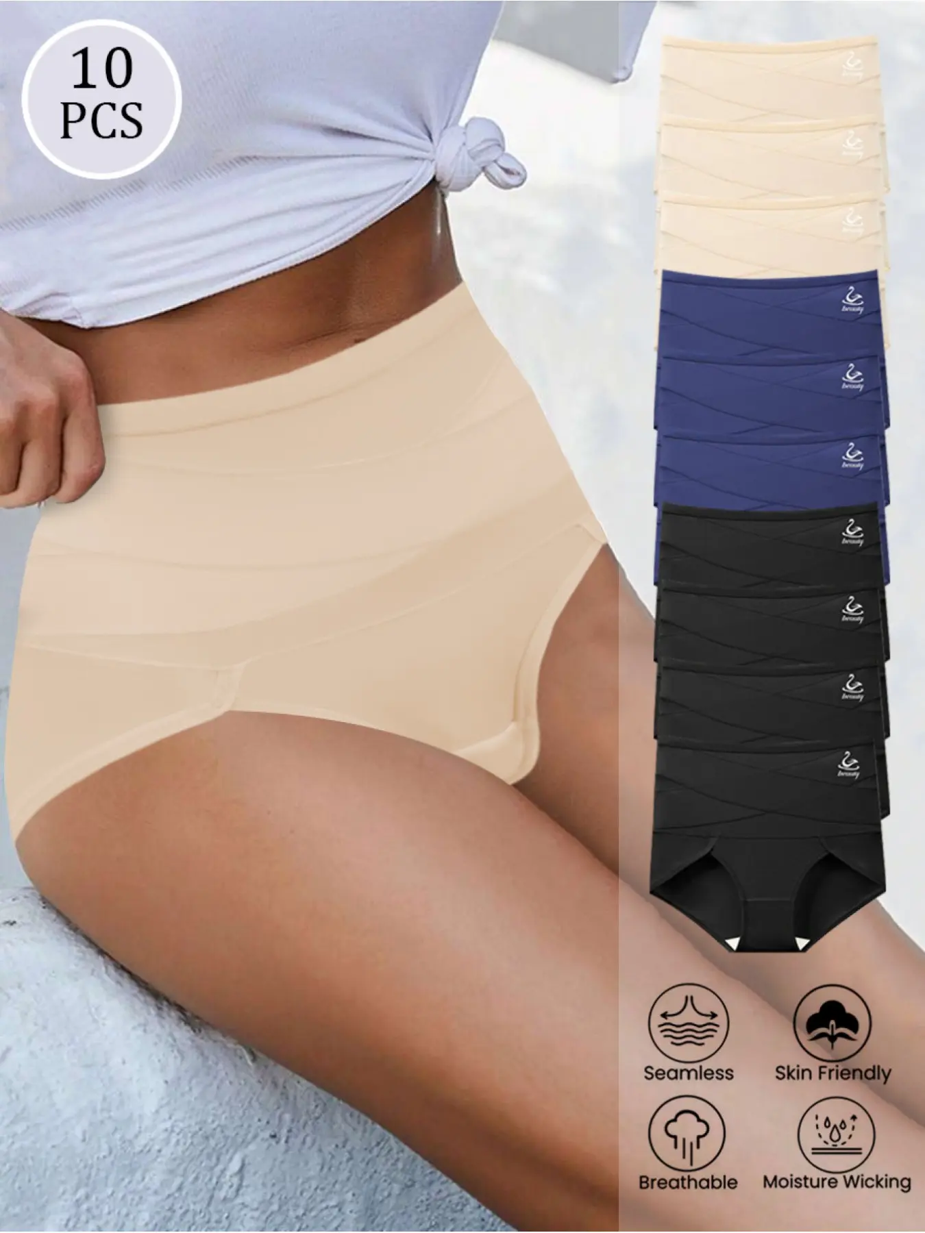 10pcs Women's High-Waisted Triangle Panties, Elegant Slim-Fit Design, Lightweight Smooth Fabric, Ideal for Home, Music Festivals, City Trips