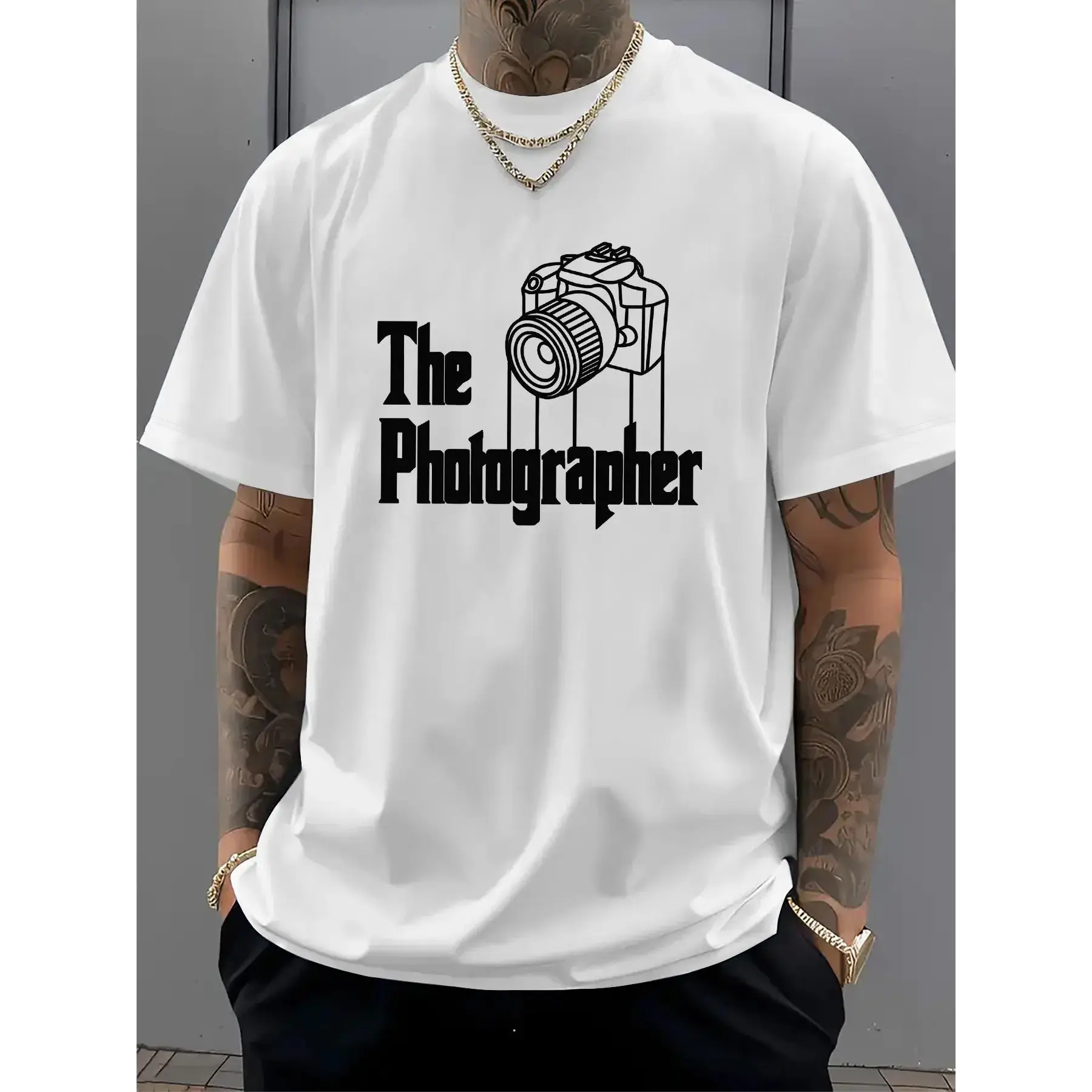 Men's Oversized Cotton Short-Sleeve Crew Neck Photographer Graphic T-Shirt - Menswear, Soft Blend High-End Summer Casual Streetwear, Gift for Photography Lovers, Digital Print, US Standard Unisex Fit, Sports Top Apparel