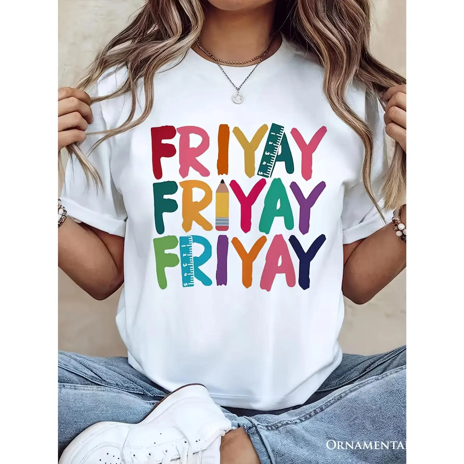 Women'S Friday Teacher T-Shirt - Soft Breathable Crew Neck Tee with Colorful "FRIYAY" Graphic - Lightweight Casual Short Sleeve Top for Teachers, Weekend Outfits, Spring Summer Fall Casual Attire & Friday Celebrations - White Shirt with Multicolor Letteri