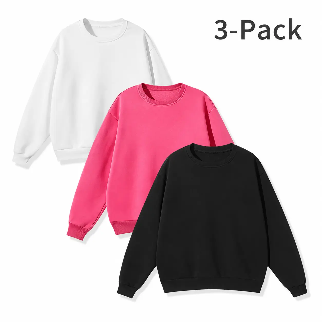 Women's 3-Pack Solid Crewneck Long Sleeve Cotton Sweatshirts, Loose Fit Soft Casual Clothes for Gym, Everyday Sports Tops