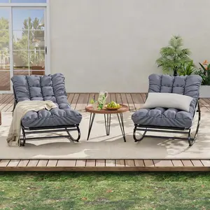 2PCS Outdoor Papasan Rocking Chair, Oversized Egg Chair with Thick Waterproof Cushion, Heavy Duty Metal Rocker Chair, Modern Gray Comfy Lounge Chair for Indoor Living Room, Patio, Garden summerwins