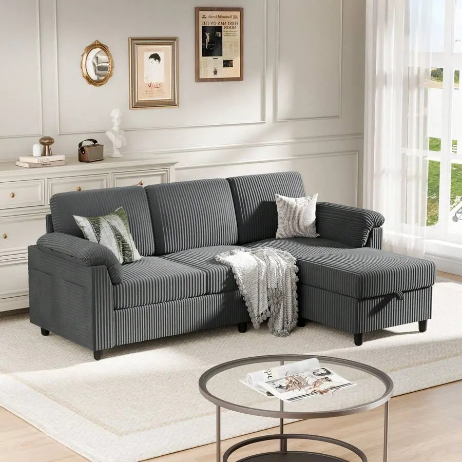 Convertible Sectional Couches Sofa, 3 Seat L Shaped Sofa With Removable Pillows Linen Small Couch Mid Living Room, Bed Room, Apartment And Office