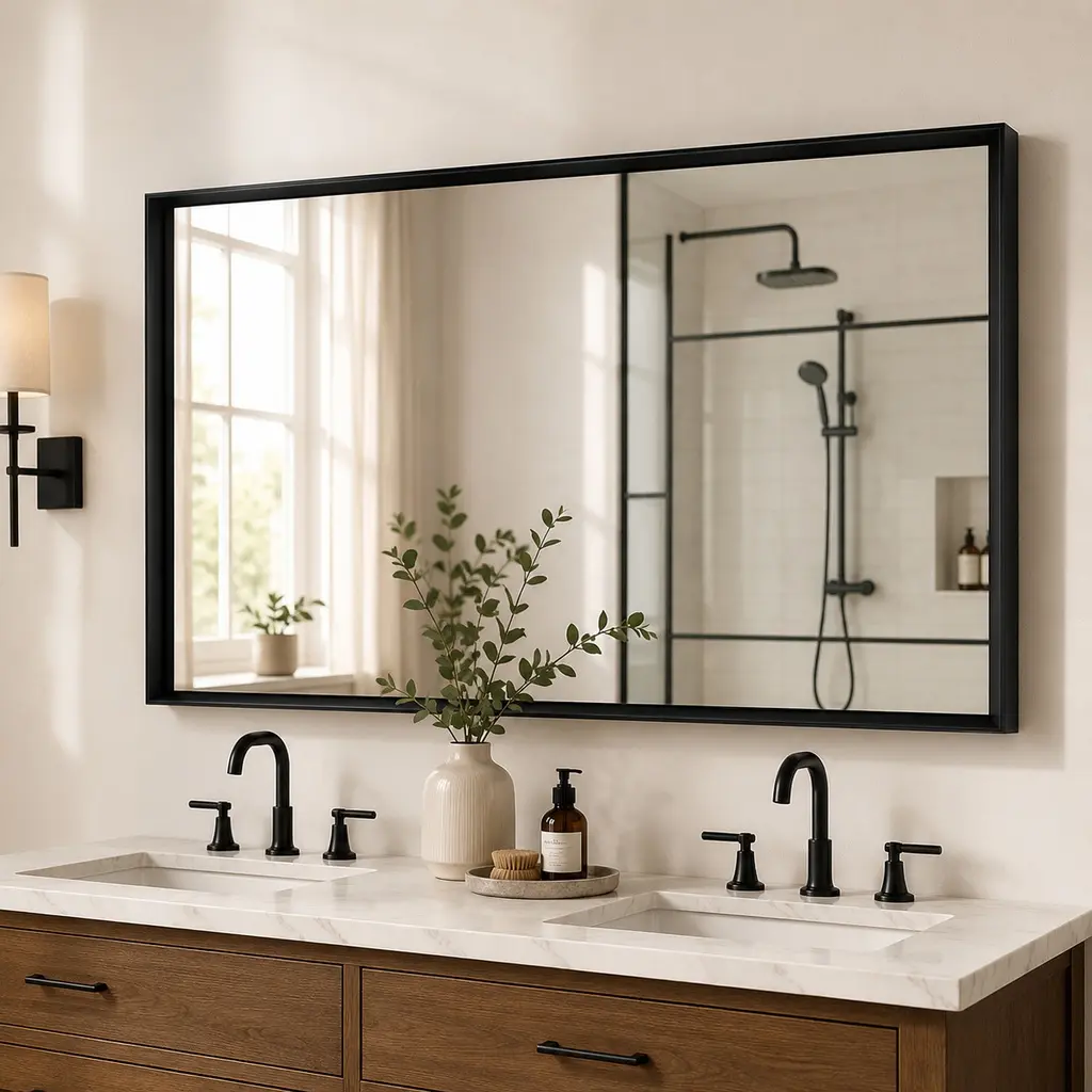 36x30 Inch Glossy Black Aluminum Framed Bathroom Wall Mirror, Beveled Edge HD Float Glass, Rust-Resistant, Horizontal/Vertical Mount, Modern Farmhouse Industrial Decor
