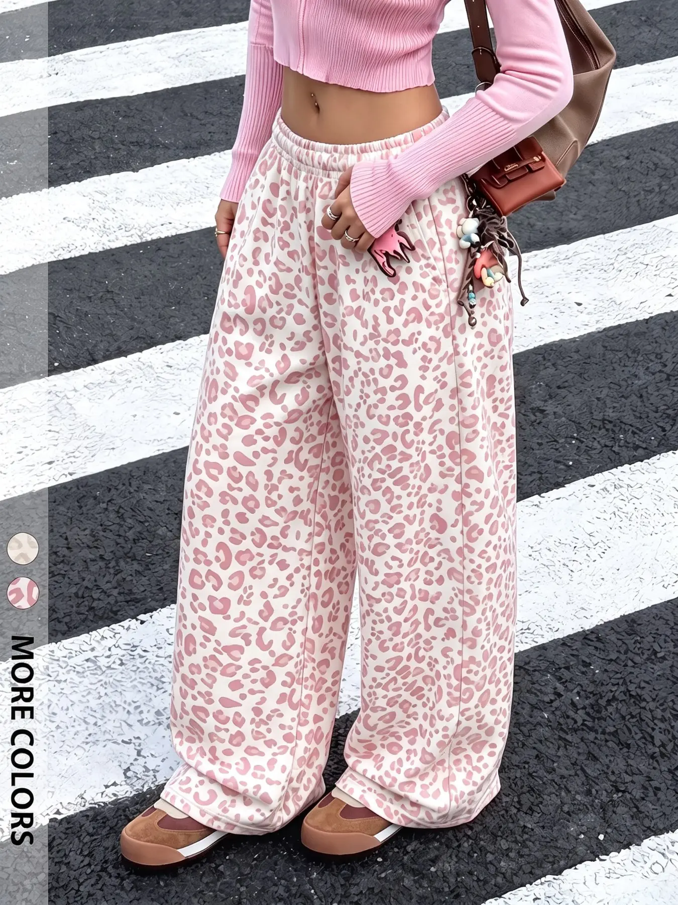 Women Y2K Coquette Pink Leopard Print Wide Leg Sweatpants, Elastic High Waist Loose Casual Trousers with Side Pockets, Girly Animal Pattern Flowy Baggy Pants, Fashion Co-ords Matching Bottoms, Trendy Aesthetic Streetwear Daily Lounge Wear, Soft Lightweigh