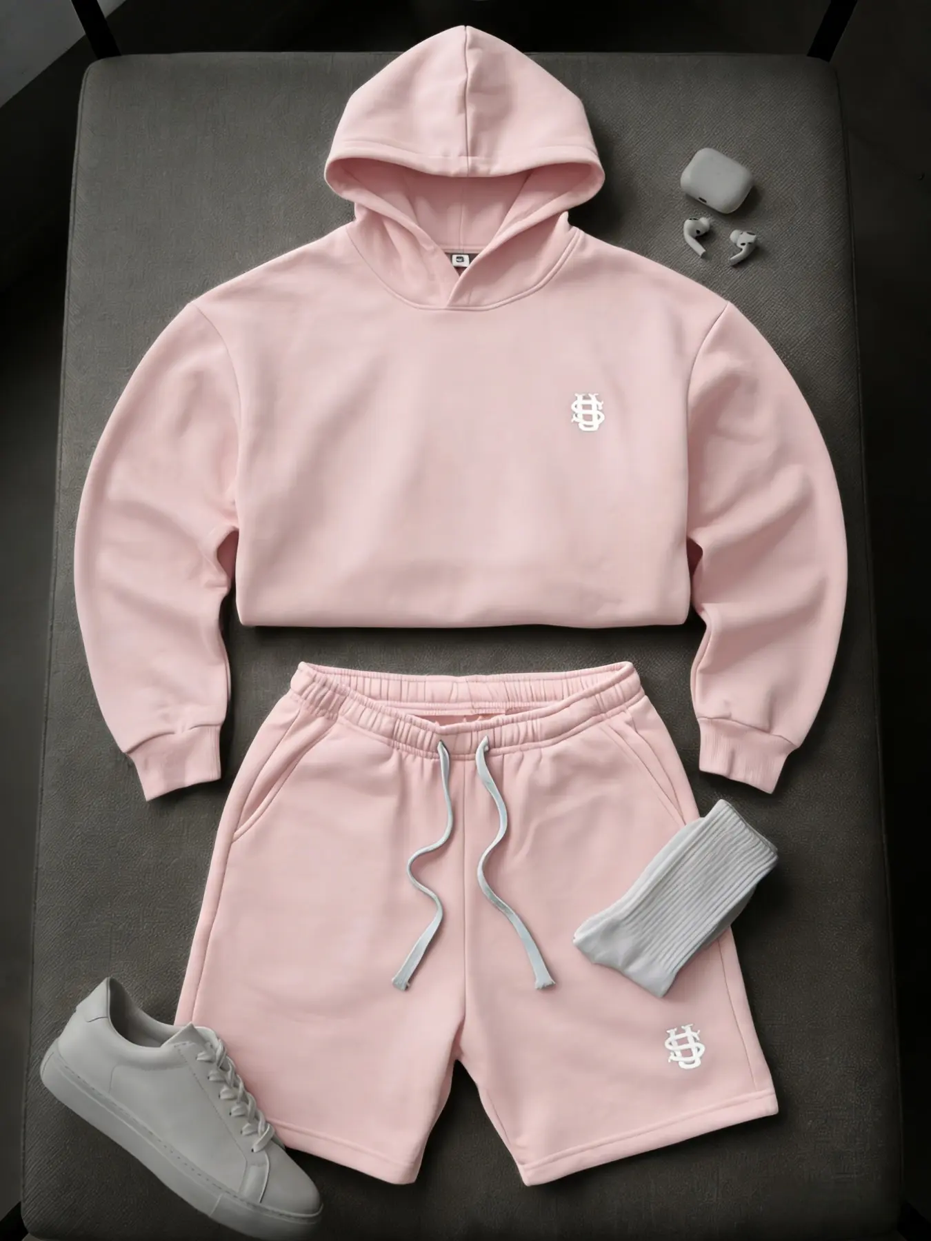 Men's High Street Long Sleeve Hoodie Set with Drawstring Shorts, Casual Lazy Style Two-Piece, Comfortable and Stylish Clothing Outfit Sets