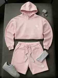 Men's High Street Long Sleeve Hoodie Set with Drawstring Shorts, Casual Lazy Style Two-Piece, Comfortable and Stylish Clothing