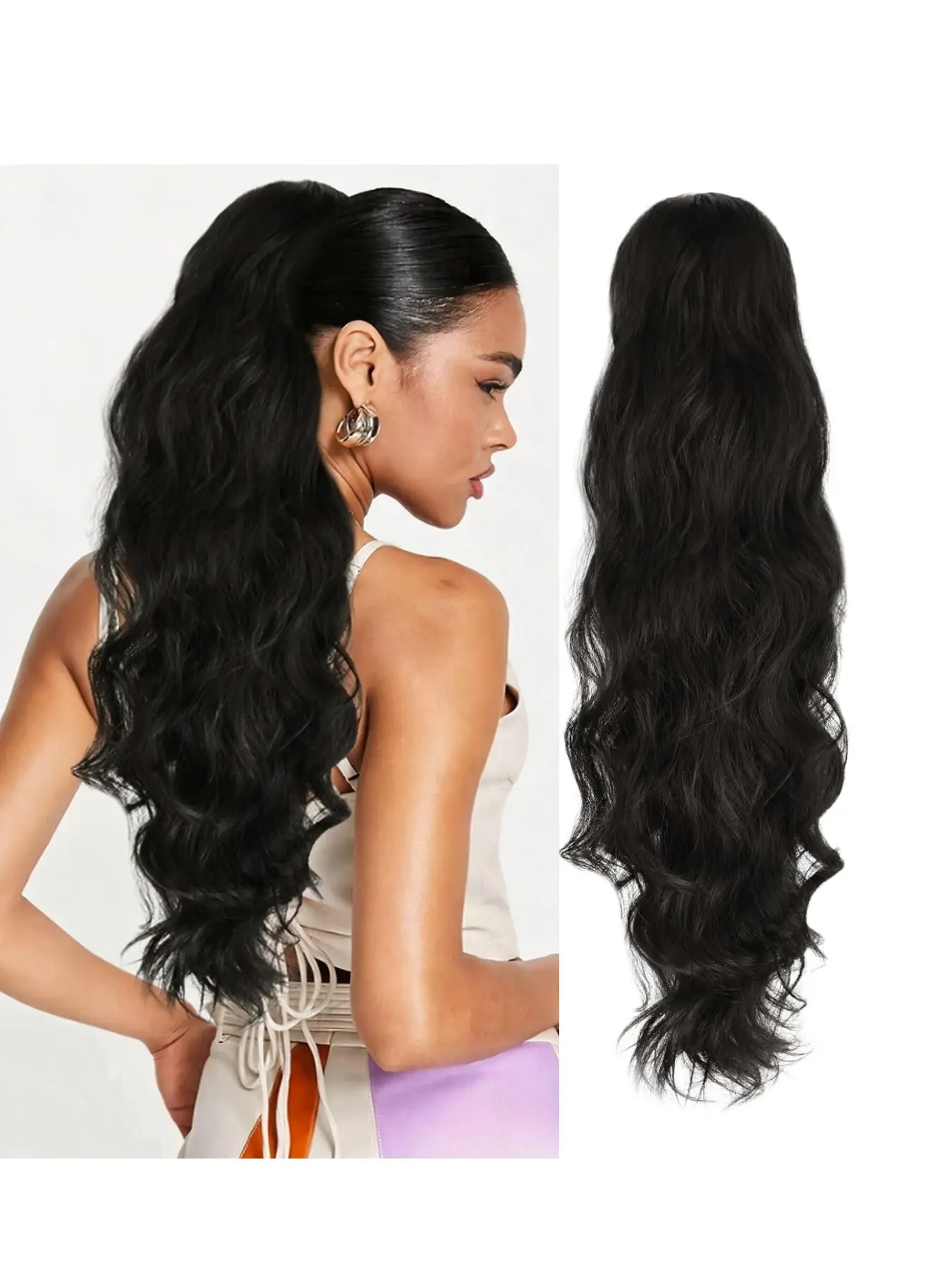 1B Black Body Wavy, Curly Wavy Hair, Drawstring Ponytail 100% Human Hair Wrap Around Hair Extensions 12-22 Inch 70-100g Soft Natural Wave Ponytail, Washable Simple Install Fluffy Hairpiece For African American Girls Daily Wear Soft Curly Ponytails