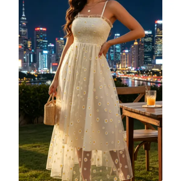 Women's Girly Daisy Embroidered Tulle Dress, Sheer A-Line Midi with Stretchy Smocked Bust and Ruffled Trim, Spaghetti Strap, Comfy, Adjustable, Gorgeous, Fit
