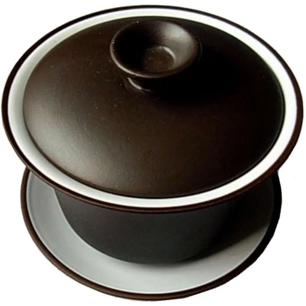 Traditional Zisha Red Clay Gaiwan Teacup Set, 4oz/130ml Kungfu Tea Bowl with Black and White Sancai Saucers
