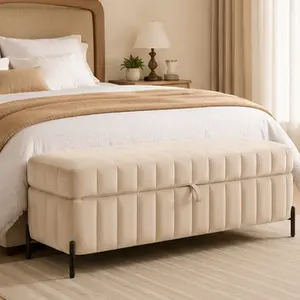 ARCH Velvet Storage Ottoman Bench - 49.21" Wide, 50 l x 18 w x 15 h in, 36.82 lb, Upholstered Footstool with Hidden Compartment & Metal Legs, Comfortable & Soft Seat, Extra Guest Seating, Assembly Required, for Living Room, Beige