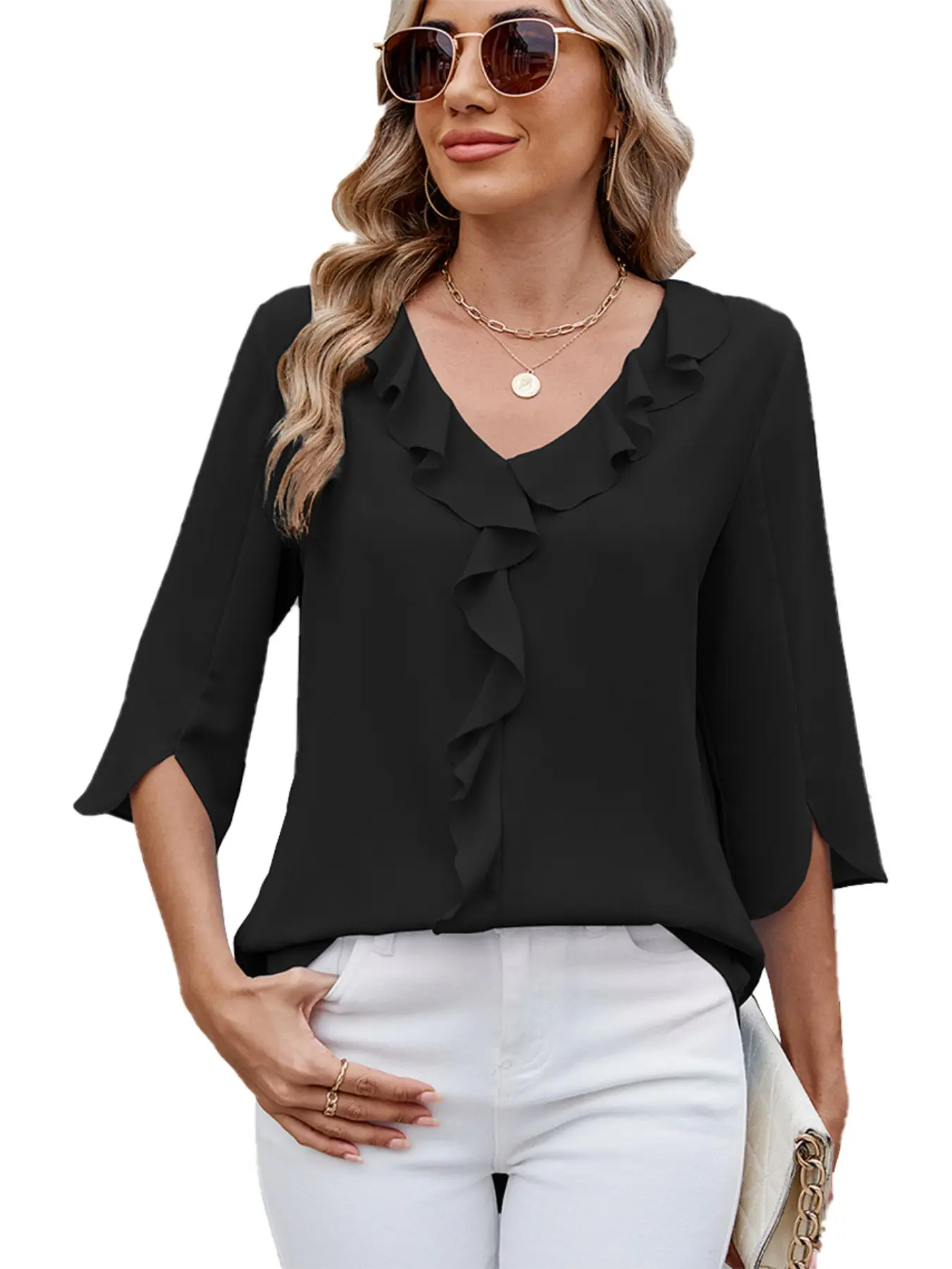 Women V Neck Ruffle Blouse 3/4 Split Sleeve, Casual Dressy Shirts for Office, Loose-Fitting T-Shirt, All Seasons Fashion