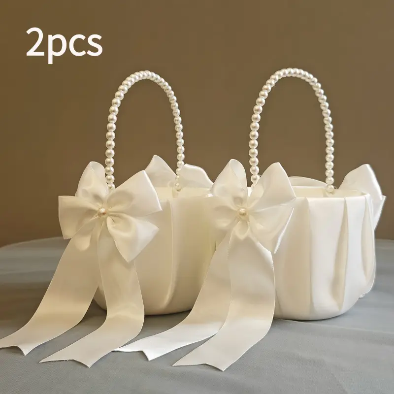 2pcs Solid Color Petal Basket for Flower Girls, Pearl Handle Big Swallow Bow Design, Reusable Decor for Wedding Christmas Halloween Valentine New Year Party