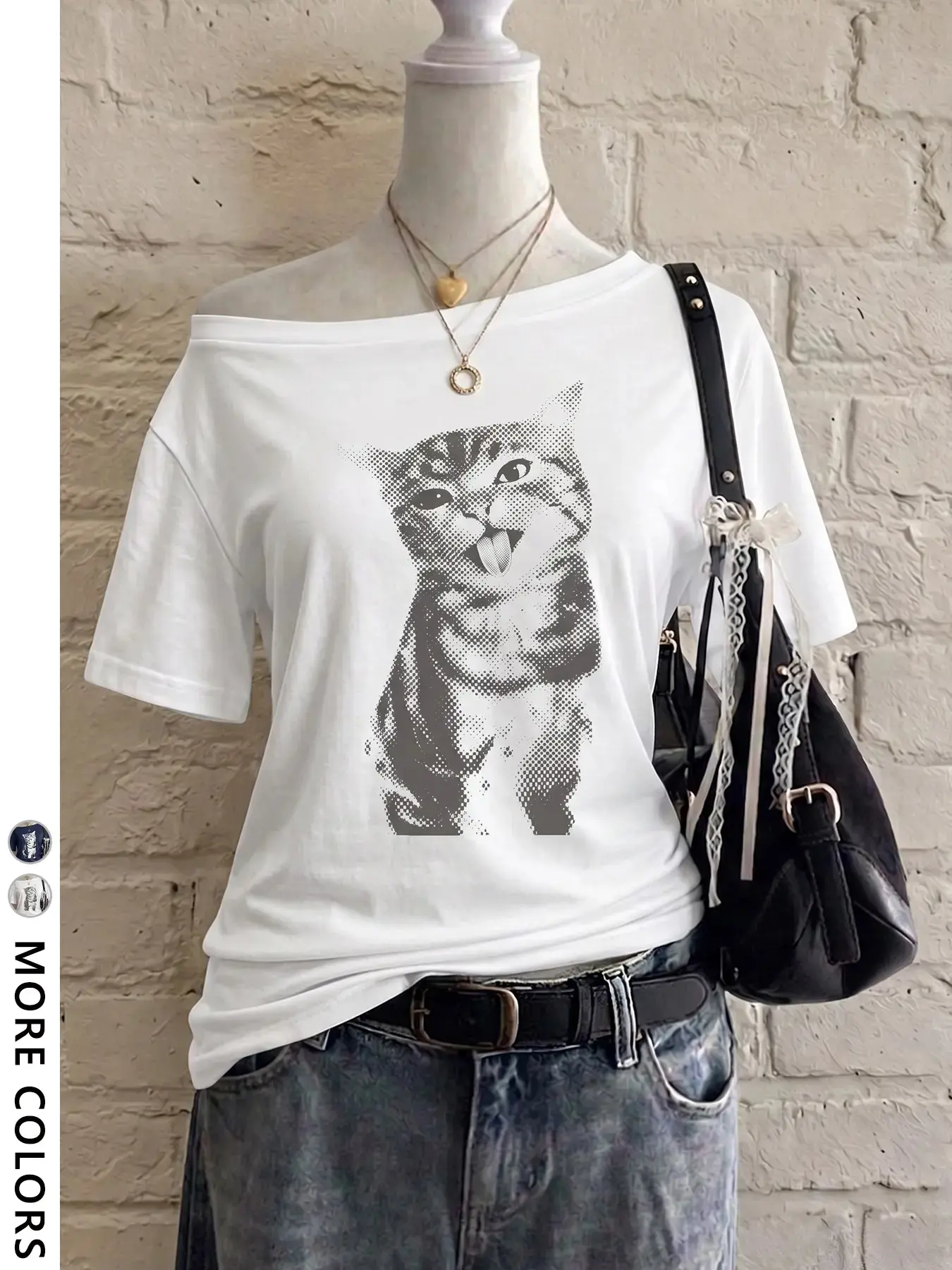 Women's Loose Fit Short Sleeve Off-Shoulder T-Shirt, Cute Cat Pattern, Casual Style, Perfect for Outing and Shopping, Y2K Design short sleeve  vintage logo  casual sportswear  high-quality cotton casual top fishing shirt humorous shirt