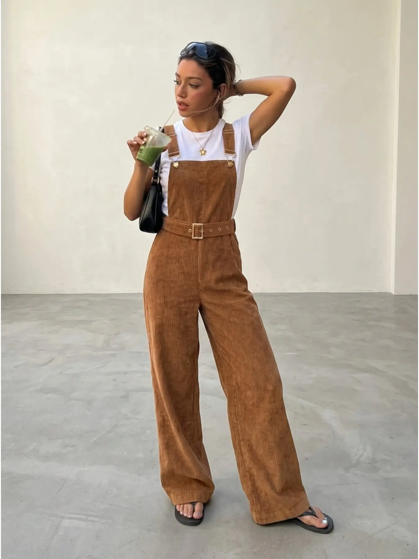 2026 New Women Caramel Corduroy Overalls Square Neck Metal Buckle Belt Waist Wide Leg Jumpsuit Retro Sweet Cool Vintage Outfit