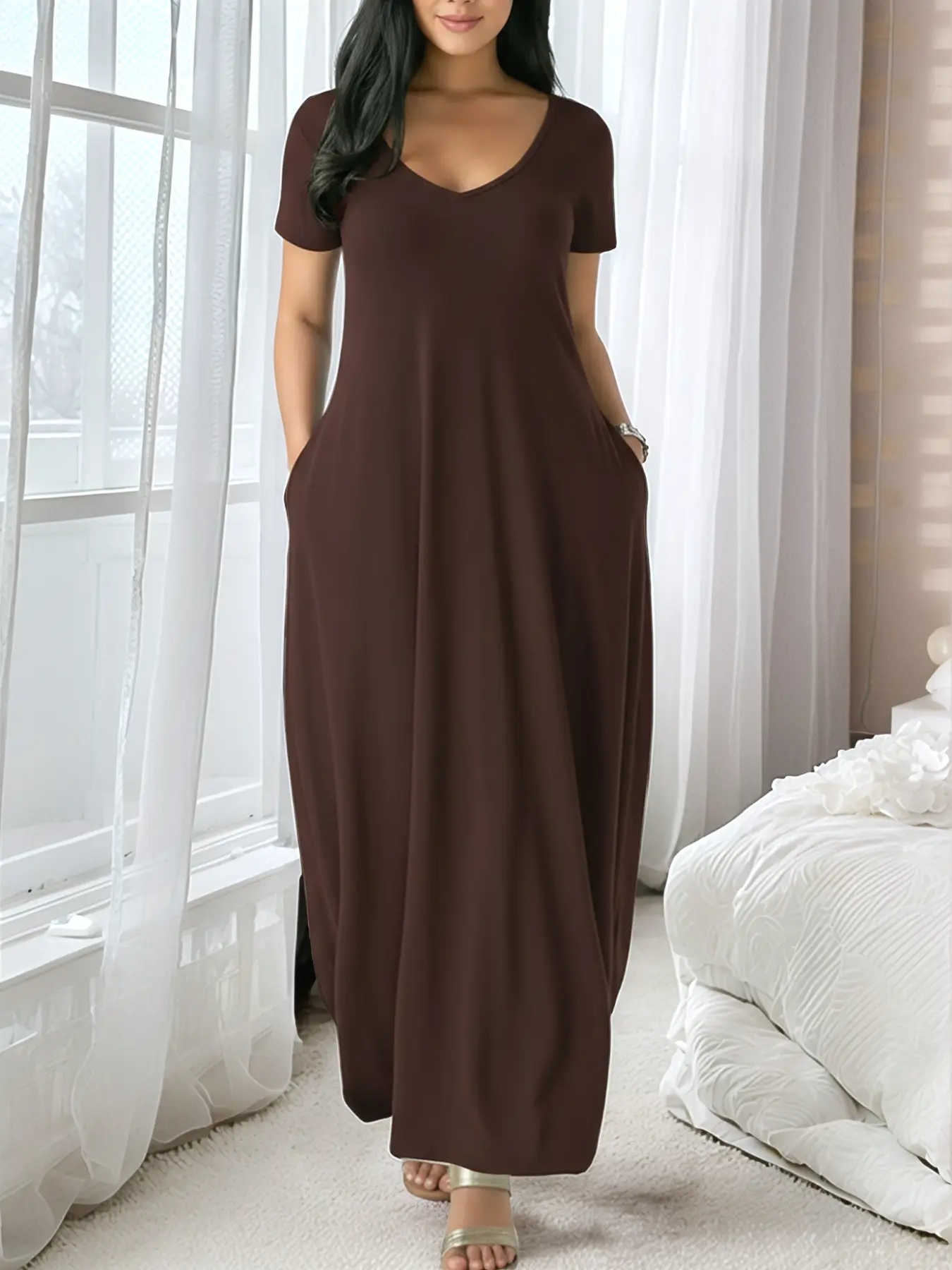 Women's Long Coffee Color Dress, Casual Fitted Style, Large Round Neck Short Sleeve Pocket Loungewear Sleepwear, Soft Fabric All Seasons Wear Soft Nightwear, Nightdress Sleepwear