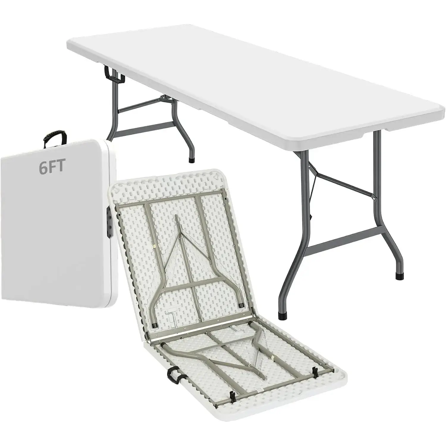 6FT Folding Table,Portable White HDPE Utility Table with Carry Handle