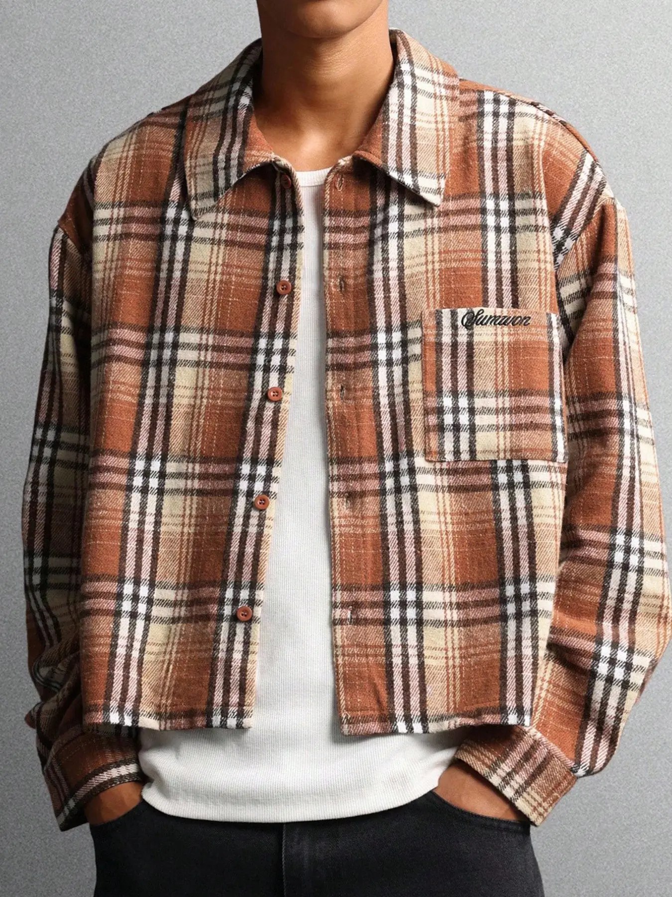 Men's Short Plaid Flannel Shirt, Pocket Embroidery, Thick Soft Fabric, Loose Shoulder Fit, Vintage American Street Style, Spring Fall Layering