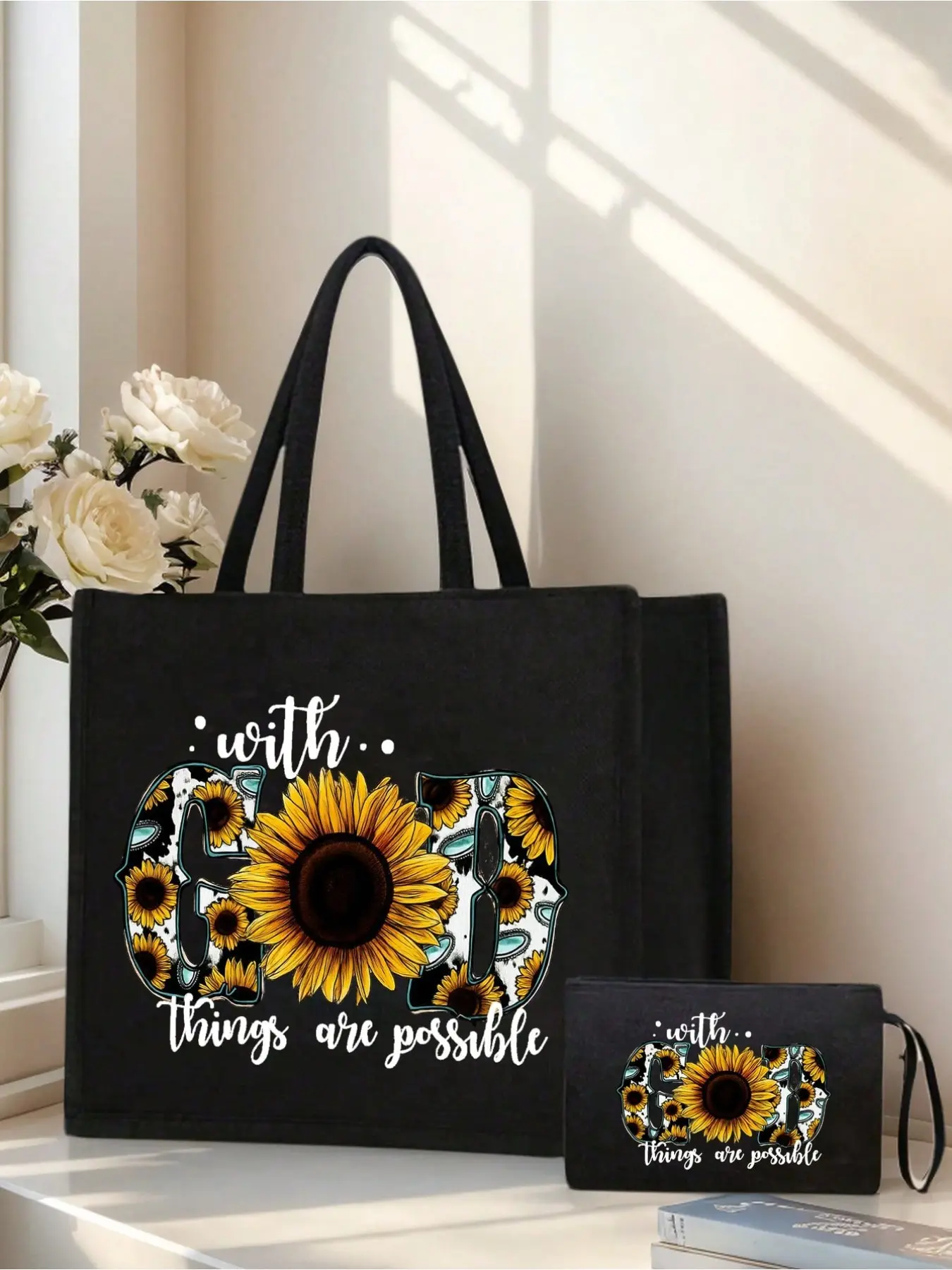 Tote Bag with Matching Makeup Pouch Set, Waterproof Easy Clean Fabric, Inspirational Christian Handbag & Coin Purse with Psalm 121:1-2 Print, Large Reusable Shopping Bag with Polyester Lining & Snap Button, Religious Gift for Women, Church Daily Use