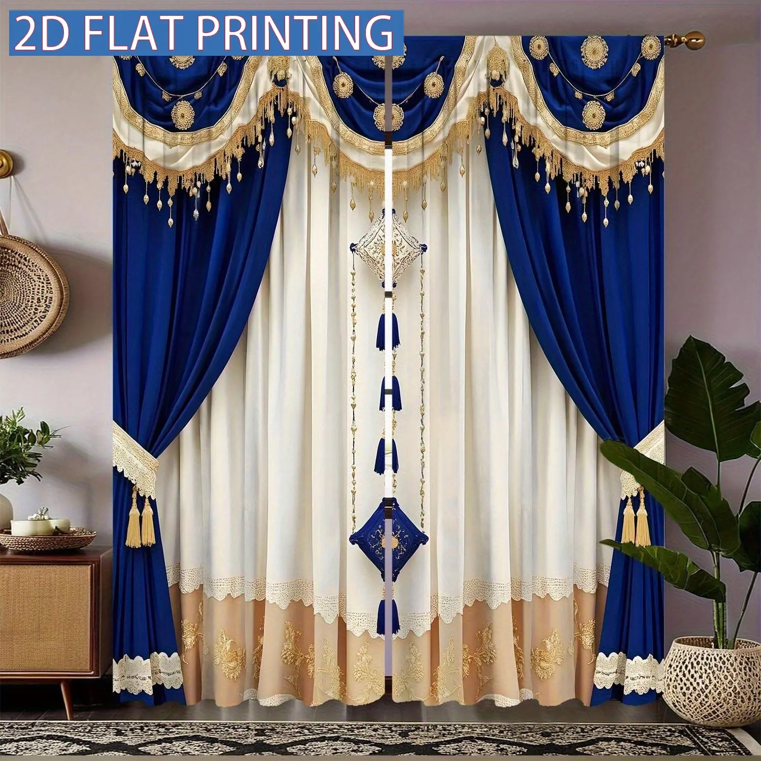 Luxurious Blue Gold Curtain Set, Home Decoration Curtain, Upgrade Curtain, Window Curtain, Semi Sheer Curtain, 100% Semi-Transparent Polyester Fabric, Knitted Warp, Ideal for Bedroom, Office, Living Room Decor