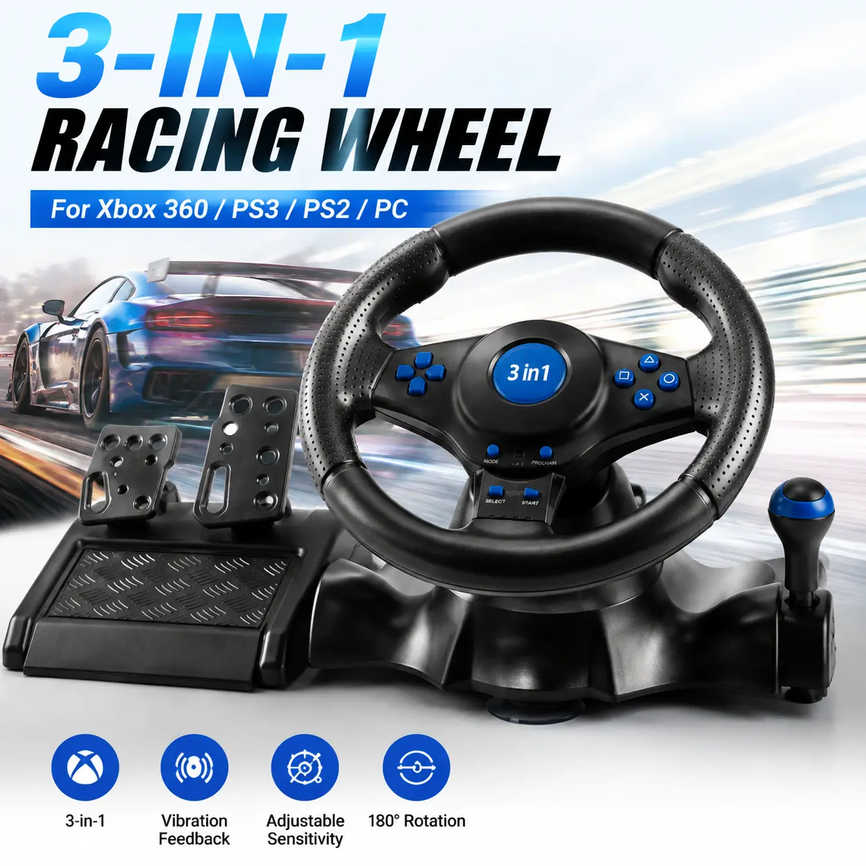 3 in 1 Racing Wheel with Pedals & Shifter, USB Driving Steering Wheel Controller for Xbox 360 PS3 PS2 PC, Vibration Feedback Gaming Racing Wheel