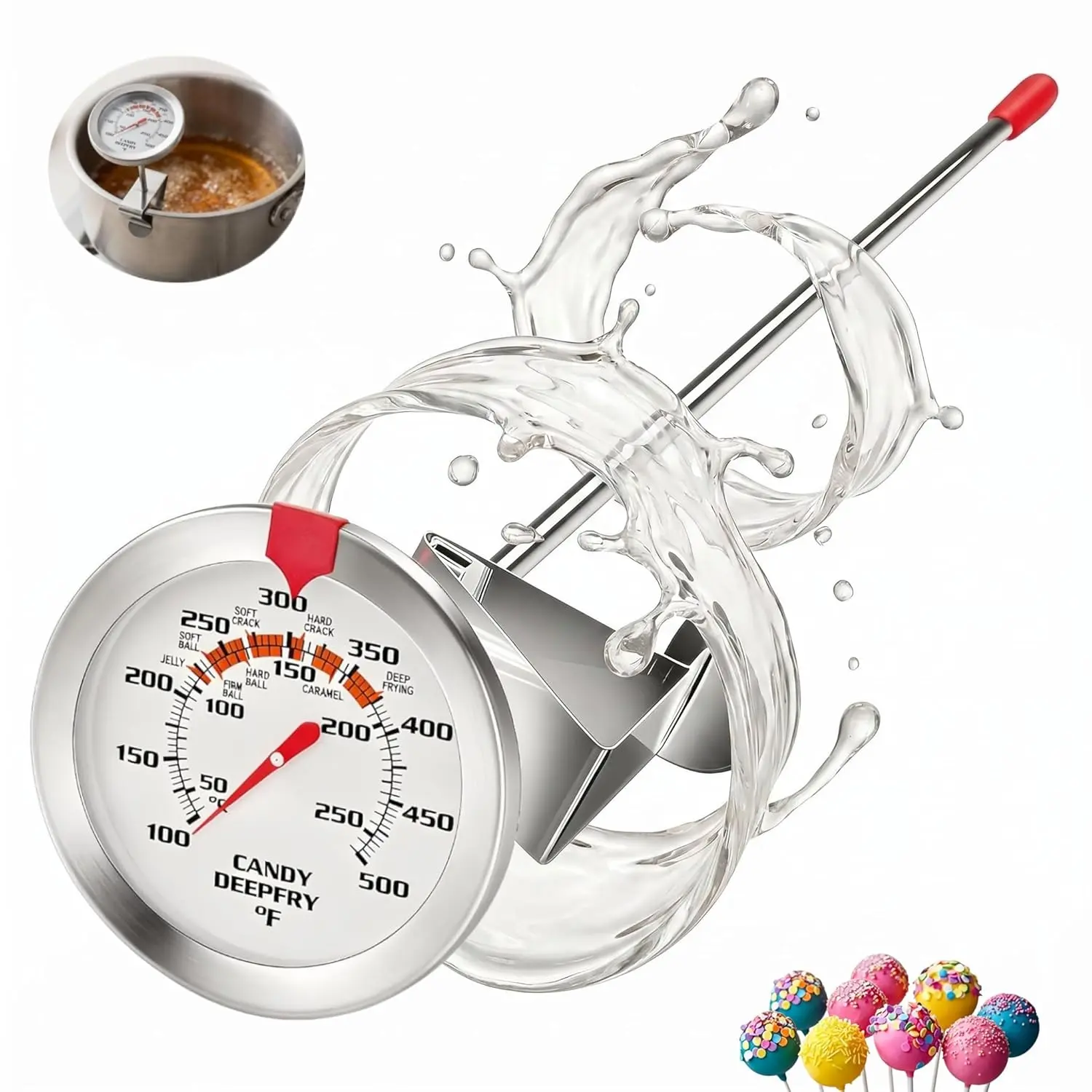 Candy & Deep Fry Thermometer, Stainless Steel Probe with 2" Large Dial & Pot Clip – Temperature Guide for Candy Making, Confectionery, Frying, BBQ, , Jam