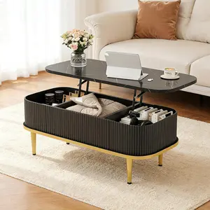 Lift Top Coffee Tables for Living Room, Mid Century Modern Fluted Coffee Table with Storage, Rectangle Center Table with Faux Marble Flip-Top, Small Dining Table for Home, Office, Modern Black
