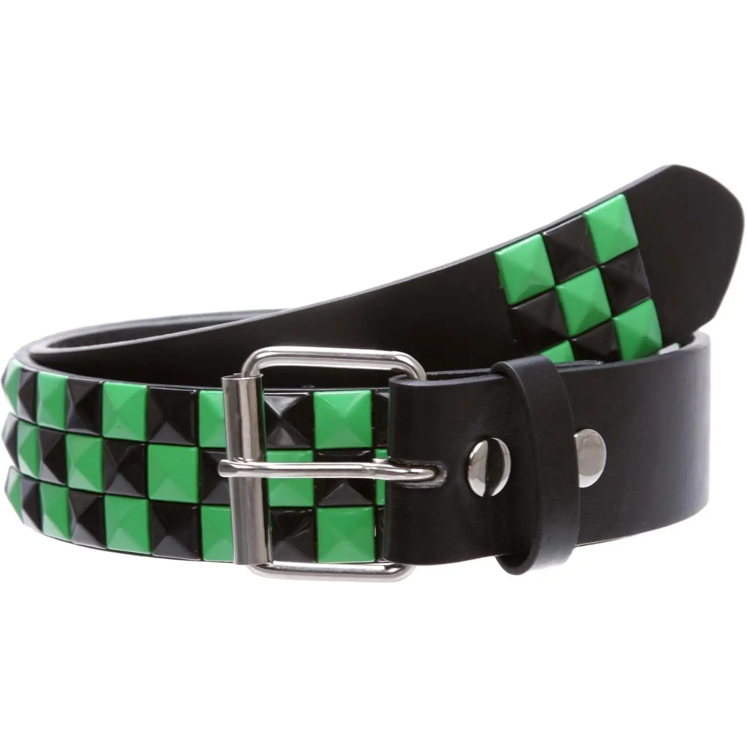 Snap  Punk Rock Black & Green  Studded Checker Board Leather Belt