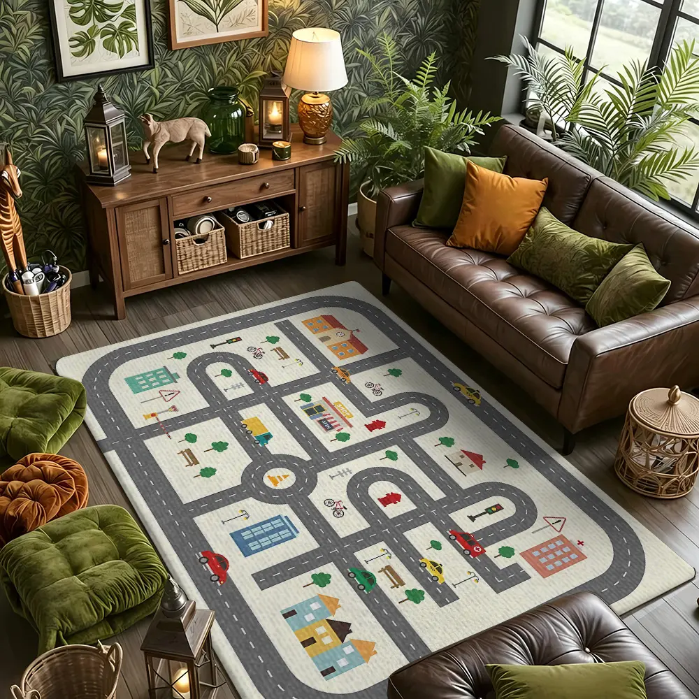 Kids City Traffic Road Play Mat Flannel Living Room Rug #ChildrenTrafficPlayRug #CartoonCityRoadGameMat #FlannelCarpet #BabyPlayroomHomeDecor
