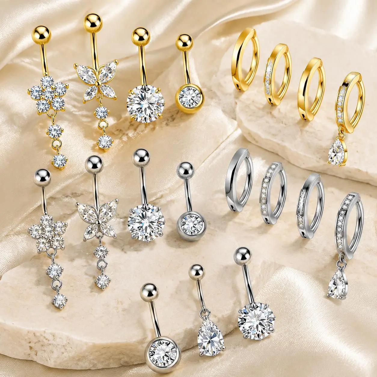 14K Gold Plated Sexy Belly Button Rings, 5Pcs Women 14G Dangle Navel Piercing Jewelry Set Surgical Stainless Steel Body Jewelry Shiny CZ Butterfly Cubic Zirconia Flower Teardrop Barbell for Beach Festival Daily