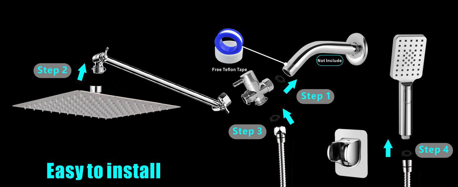 rain shower head with handheld spray,10''High Pressure Rainfall Shower Head / 3 Setting Handheld Shower head Combo with 11'' Extension Arm and 78" Extra Long Hose/Square Rain shower head(Chrome)