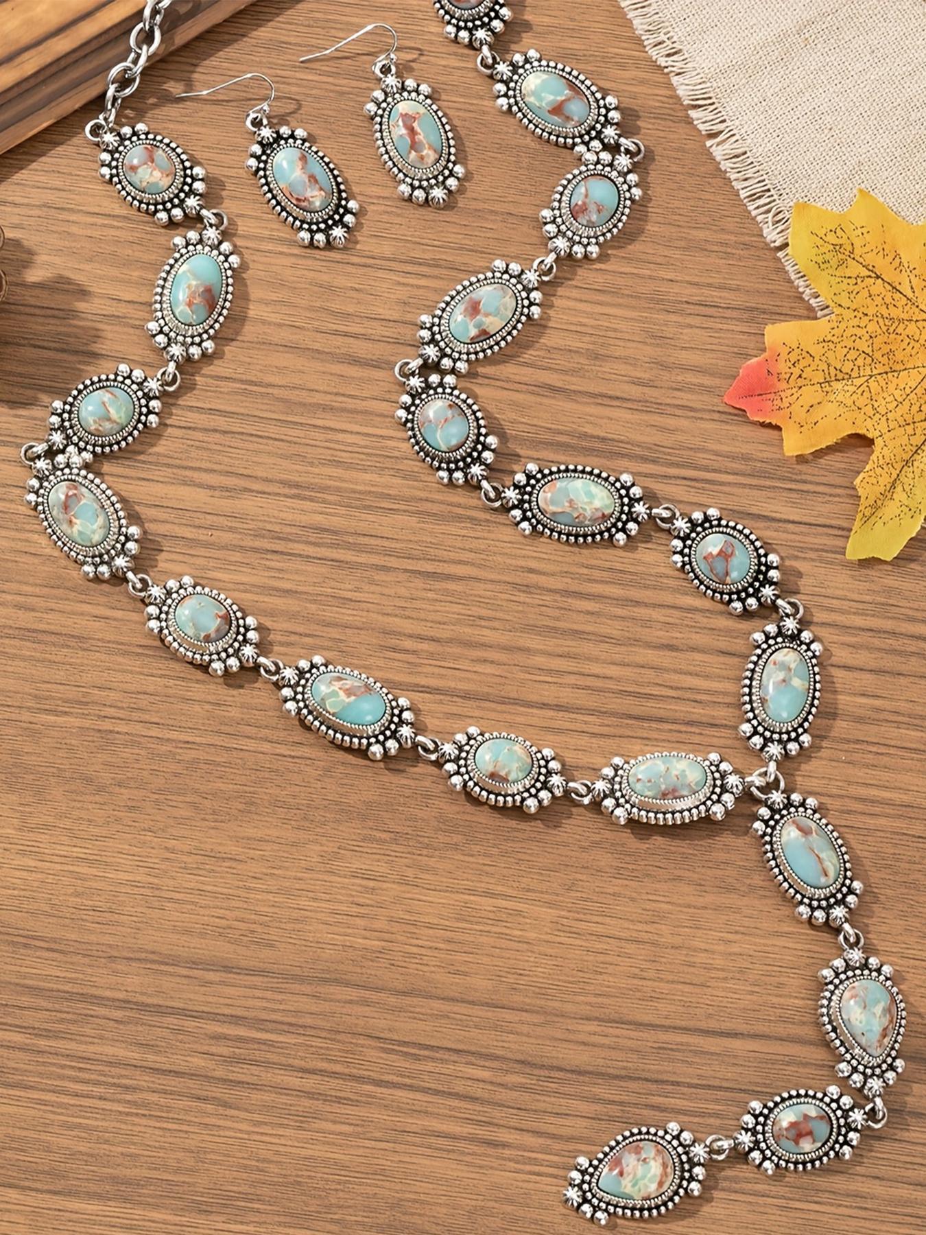 Boho Style Matching Jewelry Set, Vintage Fashion Long Necklace & Dangle Earrings, Trendy All-match & Exquisite Jewelry Set for Birthday Gift, Turquoise Jewelry Set