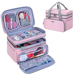 Layer Sewing Accessories Organizer with 2 Detachable Pouches, Large Sewing Bag for Sewing Tools (Bag ONLY), Pink