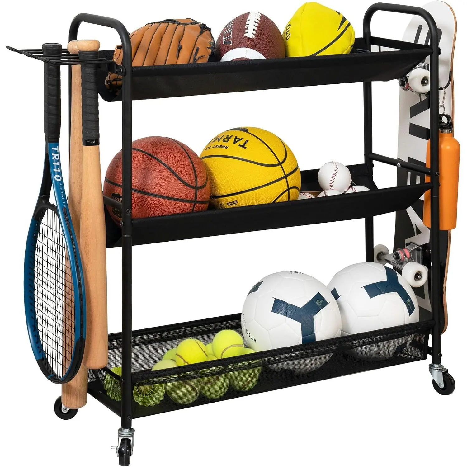 Basketball Rack 3-Shelf  Stand with Wheels |  Ball Cart with Hooks, Rolling Ball Basket  for Garage or Gym, Indoor & Outdoor  Equipment Organizer