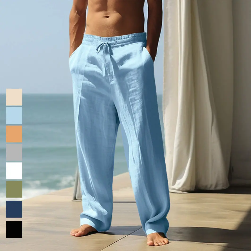 Menswear Cotton-Linen Blend Pants for Men - Summer, Lightweight, Breathable, Relaxed Wide-Leg, Drawstring Waist, Full-Length Trousers with Pockets for Beach, Travel, Fabric, Plain, Stylish, Minimalist, Clothes, Multi-Size