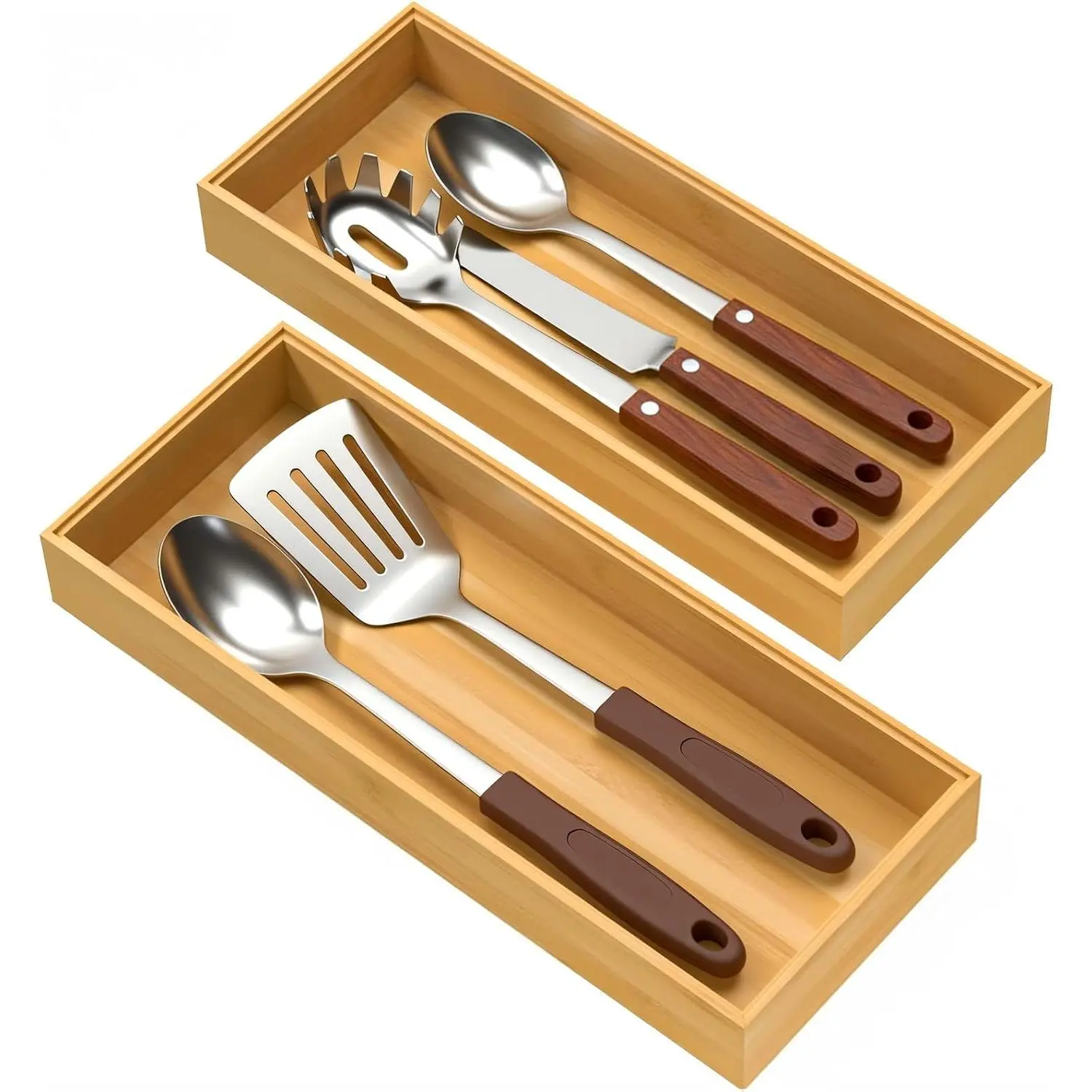 2 Pack Kitchen Drawer Organizers, 14" x 5.9" x 2" Stackable Bamboo Silverware Drawer Organizer, Bamboo Utensil Organizer for Bathroom, Dressing Room, Office, Pantry (Natural)