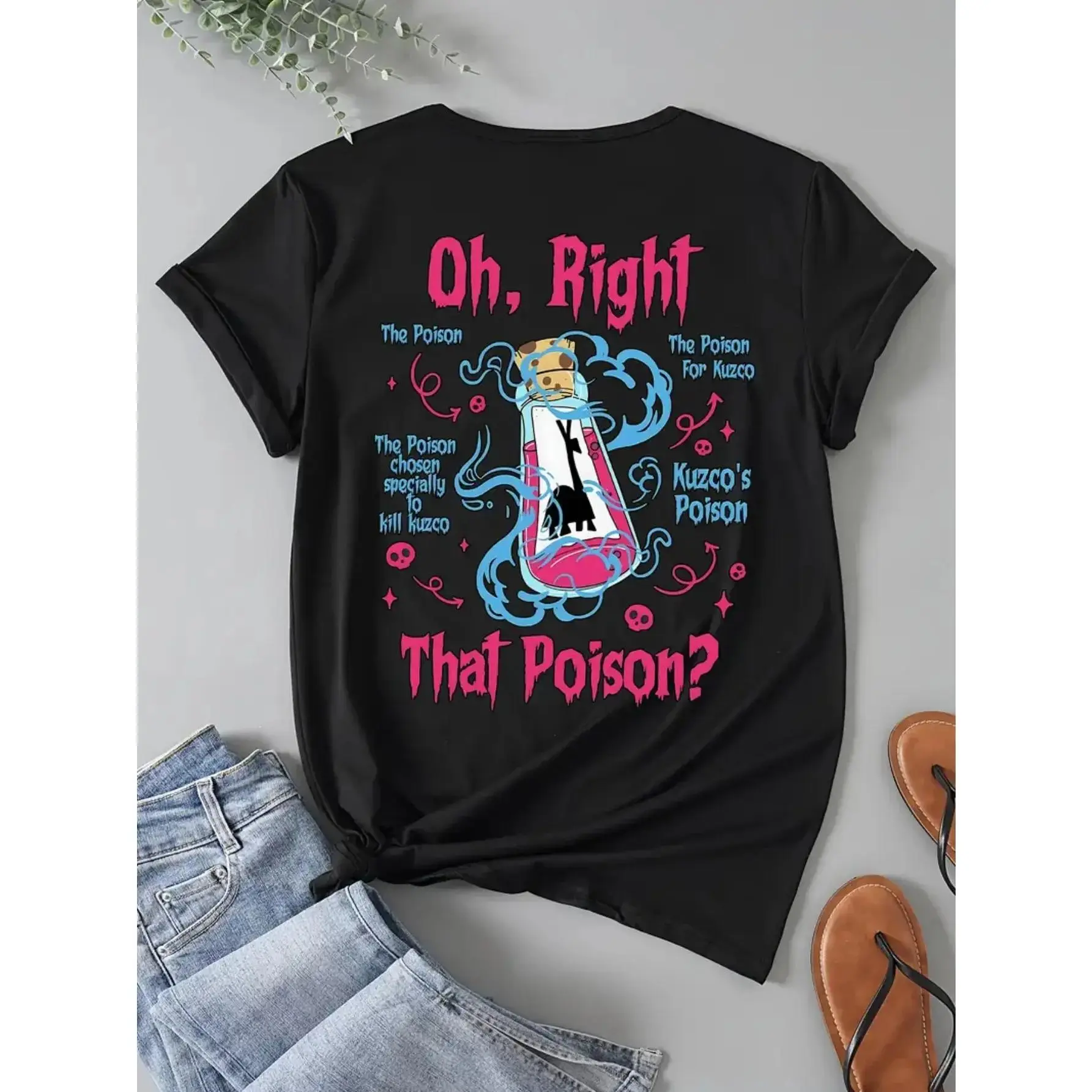 Relaxed Crew Neck Tee - Comfortable Short Sleeve Shirt Featuring a Distinctive Poison-Inspired Graphic, "Oh, Right" & "Kuzco'S Poison" Print, Black, Washable in Machine, Ideal for Spring And Summer