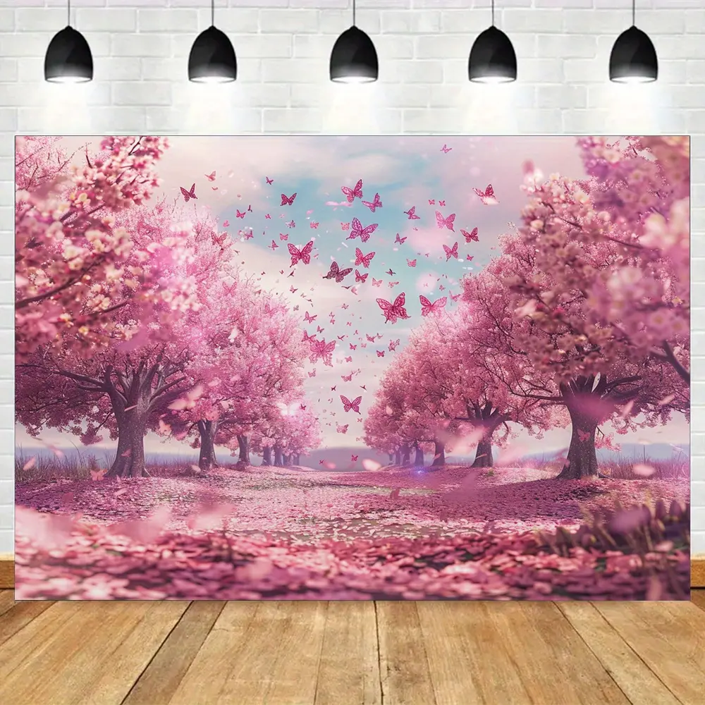 2D Flat Cherry Blossom Flower Photo Backdrop Set - Durable Polyester Pink Flowers Banner with Butterflies, Folded for Shipping, Easy Cleaning Birthday Decor for Indoors, Outdoor Studio Use