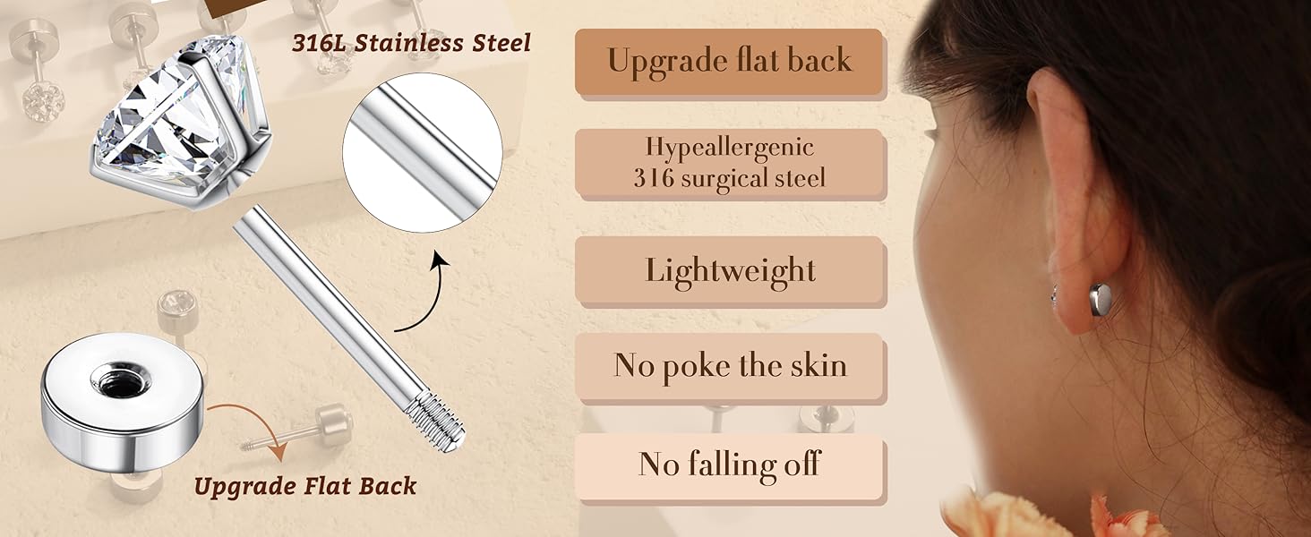 CASSECA  Surgical Steel Earrings for Sensitive Ears 20G Flat Back Earrings for Women Men Small Stainless Steel Earrings Studs Cartilage Earring Opal Ball CZ Flatback Earrings