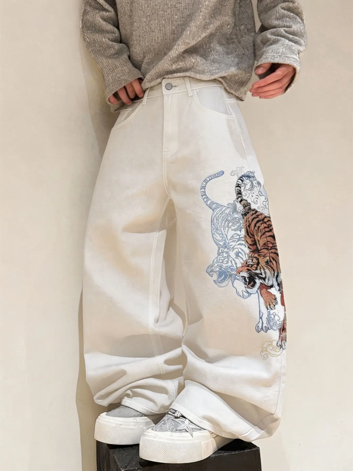 Men's Denim Jeans, Heavy-Duty Tiger 3D Print Straight Leg Wide-Leg Jeans, Streetwear Hip-Hop Fashion, Soft Comfortable Loose Fit, All Seasons