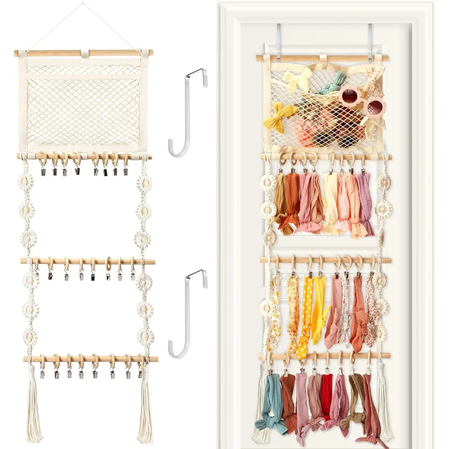 4-Tier Wooden Daisy Headband & Hair Bow Organizer, Hangable Home Storage Rack with Easy Installation, Girls' Room Wall/Over-Door Accessory Cabinet Decor, Box