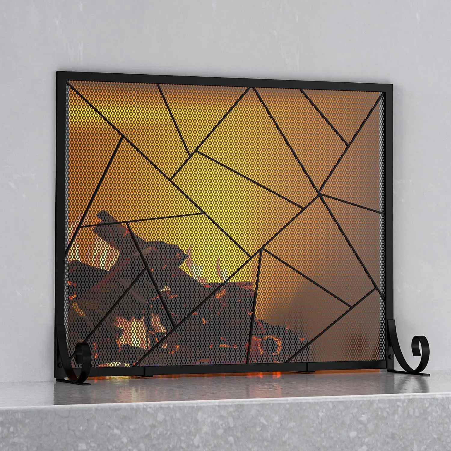 Iron Geometric Fireplace Screen for Home Fireplace | Adjustable Rear Feet, Sturdy Iron Frame, Wide Fire View, Spark Block for Family Daily Use